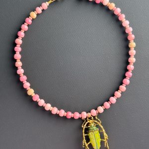 Luxe Bug ~ Light Green with Faceted Pink Rhodonite